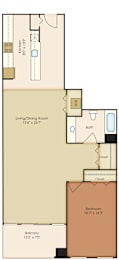 A floor plan of a house with a living/dining room, kitchen, bath, and bedroom.