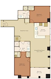 A floor plan of an apartment with two bedrooms, a living room, a kitchen, a breakfast area, a balcony, and a bathroom.
