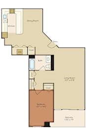 A floor plan of a home showing a living room, dining room, kitchen, and two bathrooms.