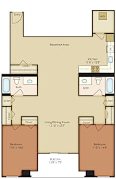 A floor plan of a home with two bedrooms, a living/dining room, kitchen, bath, and balcony.