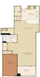 A floor plan of a home showing a kitchen, breakfast area, living/dining room, bedroom, and balcony.