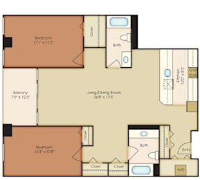A floor plan of a house with two bedrooms, a living/dining room, a balcony, and a kitchen.