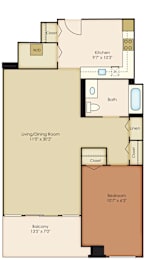 A floor plan of a room with a kitchen, living room, and bathroom.