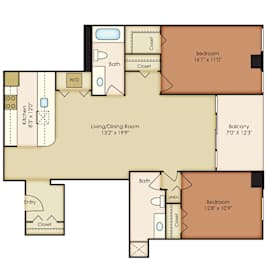 A floor plan of a house with a living room, two bedrooms, a kitchen, and a balcony.