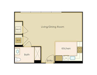 A floor plan of a living/dining room with a kitchen and bath.