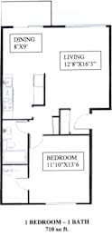A floor plan of a one bedroom apartment with a living room, dining area and a bathroom.