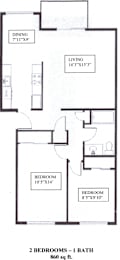 A floor plan of a two bedroom apartment with one bathroom.