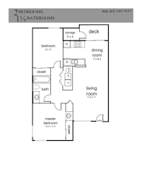 A floor plan of a 900 square feet home with 2 bedrooms and 1 1/3 bathrooms.