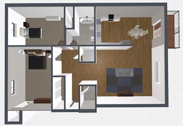 A floor plan of a house with a kitchen, living room, and bathroom.