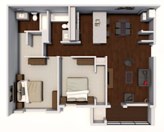 A 3D rendered image of a house layout.