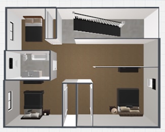 A 3D floor plan of a house with a kitchen, living room, and two bedrooms.