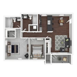A floor plan of a house with a kitchen, living room, and bathroom.