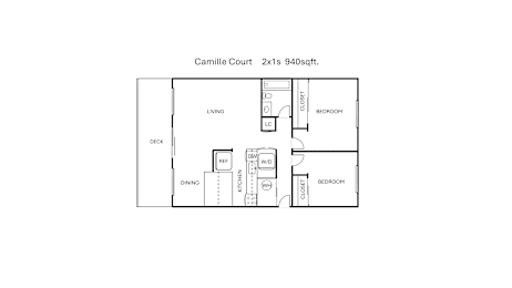 A floor plan of a 2x18 940 square foot Camille Court apartment.