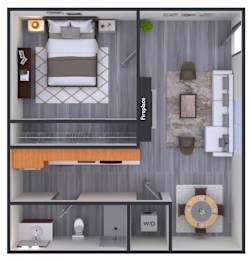 A 3D rendered image of a bedroom with a bed, desk, and fireplace.