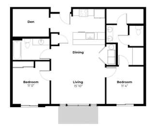A floor plan of a house with a den, two bedrooms, and a living area.