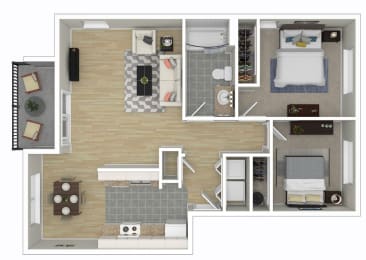 a floor plan of a two bedroom apartment with two bathrooms and a balcony