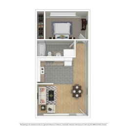 a floor plan of a small apartment with a bathroom and a bedroom