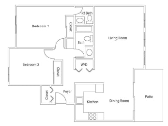  Floor Plan 2 Bedroom, 1.5 Bath