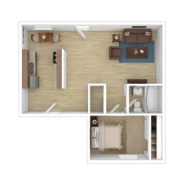 a bedroom with a bed and a chair in a room