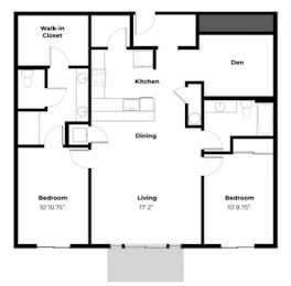 A floor plan of a home with a living room, two bedrooms, a kitchen, a dining room, and a walk-in closet.