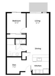 A floor plan of a small apartment with a bedroom, living room, kitchen, dining room, and den.