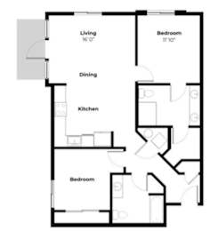 A black and white image of a house floor plan with a living room, dining room, kitchen, and three bedrooms.
