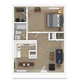 A floor plan of a small apartment with a kitchen, living room, and bathroom.