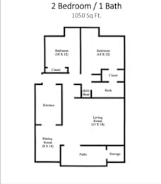 A floor plan of a 1050 square foot home with two bedrooms, one bath, and a kitchen.