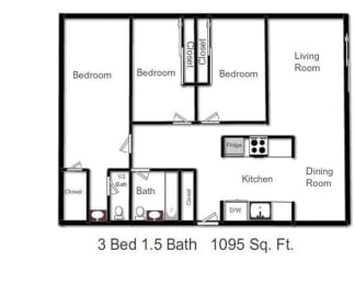 Floor Plan 3 Bedroom, 1.5 Bath