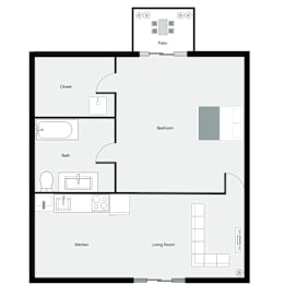 A floor plan of a house with a patio, closet, bath, kitchen, living room, and bedroom.
