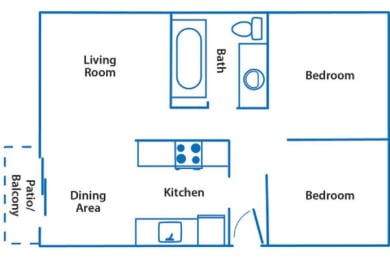 Two bedroom one bathroom floorplan