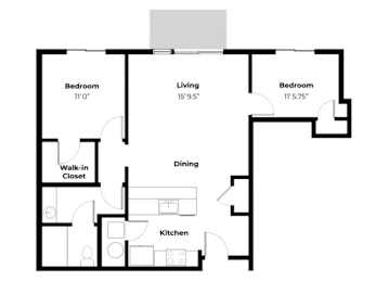 A black and white image of a house floor plan with a living room, two bedrooms, a dining room, a kitchen, and a walk-in closet.