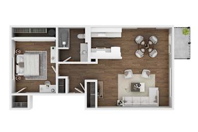 A top-down view of a modern apartment layout with a kitchen, living room, and bathroom.