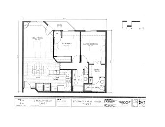 A black and white architectural floor plan with various rooms and measurements.