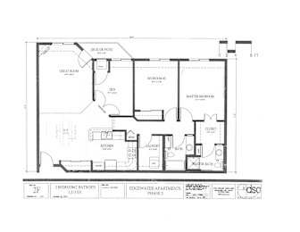 A floor plan drawing of a building with labeled rooms and dimensions.