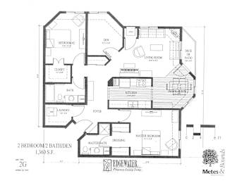 A floor plan of a two bedroom apartment with a detailed layout of the rooms.