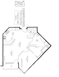 A floor plan for a home with a living room, dining room, kitchen, and two bathrooms.