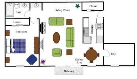 A floor plan of a house with a living room, dining area, kitchen, and two bedrooms.