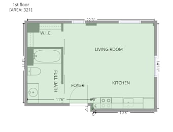 A floor plan of a 1st floor apartment with a living room, kitchen, foyer, and full bath.
