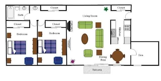 A floor plan of a house with two bedrooms, a living room, a dining area, a kitchen, a bathroom, and a balcony.