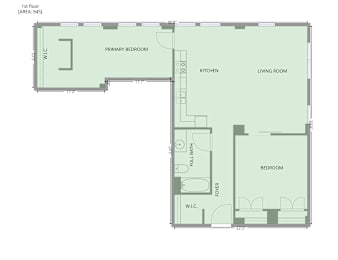 A floor plan of a 1st floor area of 945 square feet, featuring a primary bedroom, a living room, a kitchen, a full bath, and a bedroom.