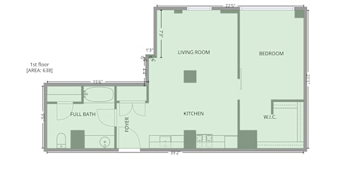 A floor plan of a one-bedroom apartment with a living room, bedroom, kitchen, and bathroom.