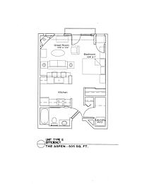 A drawing of a floor plan for a unit type E efficiency apartment.