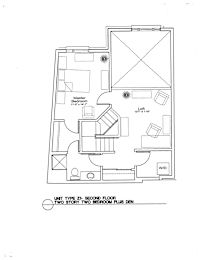 A floor plan of a two story two bedroom plus den apartment.
