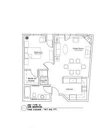 A floor plan of a one bedroom apartment with a laundry room and a walk-in closet.