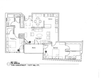 A floor plan of a two bedroom apartment with a deck.