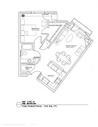 A floor plan of a one bedroom apartment at The Forsythia - 763 Sq. Ft.