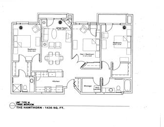 A floor plan of a home with a kitchen, two bedrooms, a den/bedroom, and a great room.