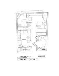 A floor plan of a 620 square feet unit with a kitchen, pantry and two bedrooms.