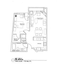 A floor plan of a one bedroom apartment with a lilac color.